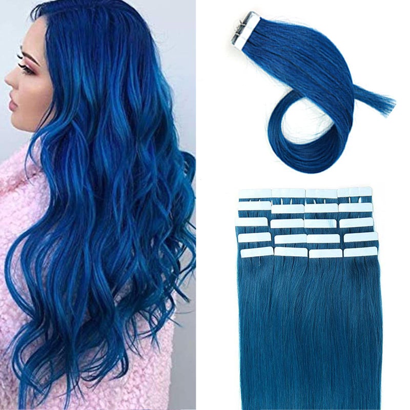 Yotty Hair Extensions Tape in Seamless Skin Weft Remy Human Hair (16Inch 10Pcs, Blue) - Image 3
